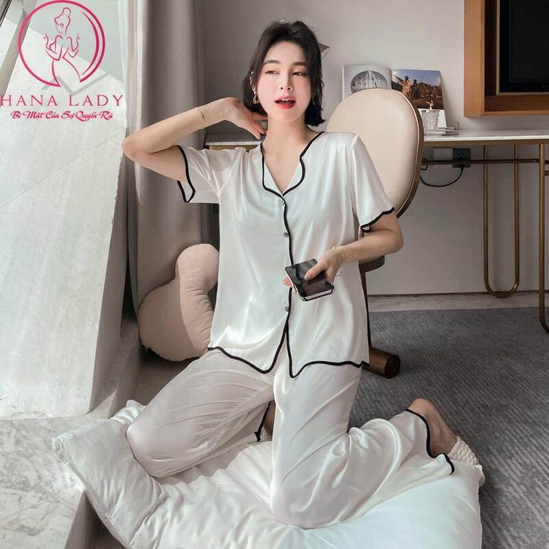 Đồ bộ nữ - Đồ mặc nhà pijama lụa tay cộc cao cấp PJ495