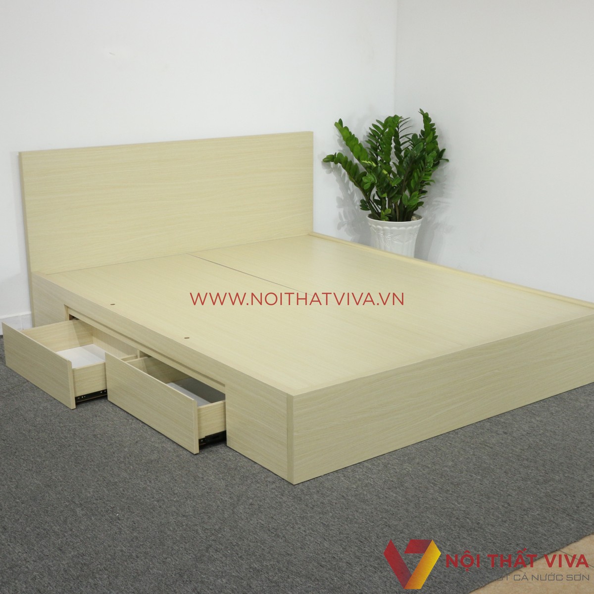 Giường Ngủ Gỗ MDF Phủ Melamine Cao Cấp Viva Màu Kem Học Kéo