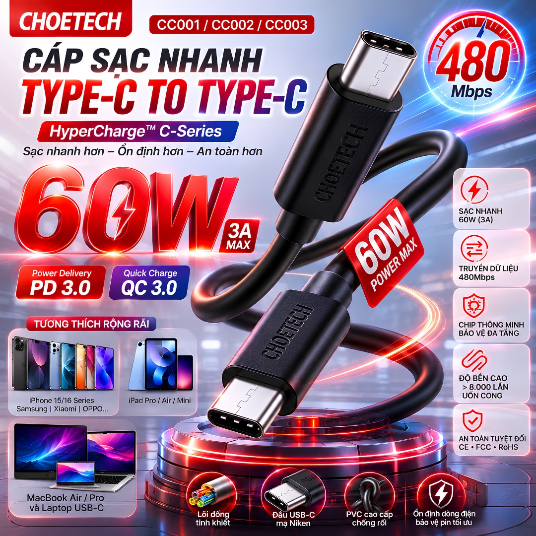 Dây sạc nhanh QC PD 3.0 60W HyperCharge C-Series USB-C to Type C Choetech cho iPhone / iPad 15 16 17 Pro Max Plus Fold - tiêu chuẩn CE, FCC, RoHS, 480Mbps | CHIP E-MARKER THÔNG MINH - Hàng nhập khẩu