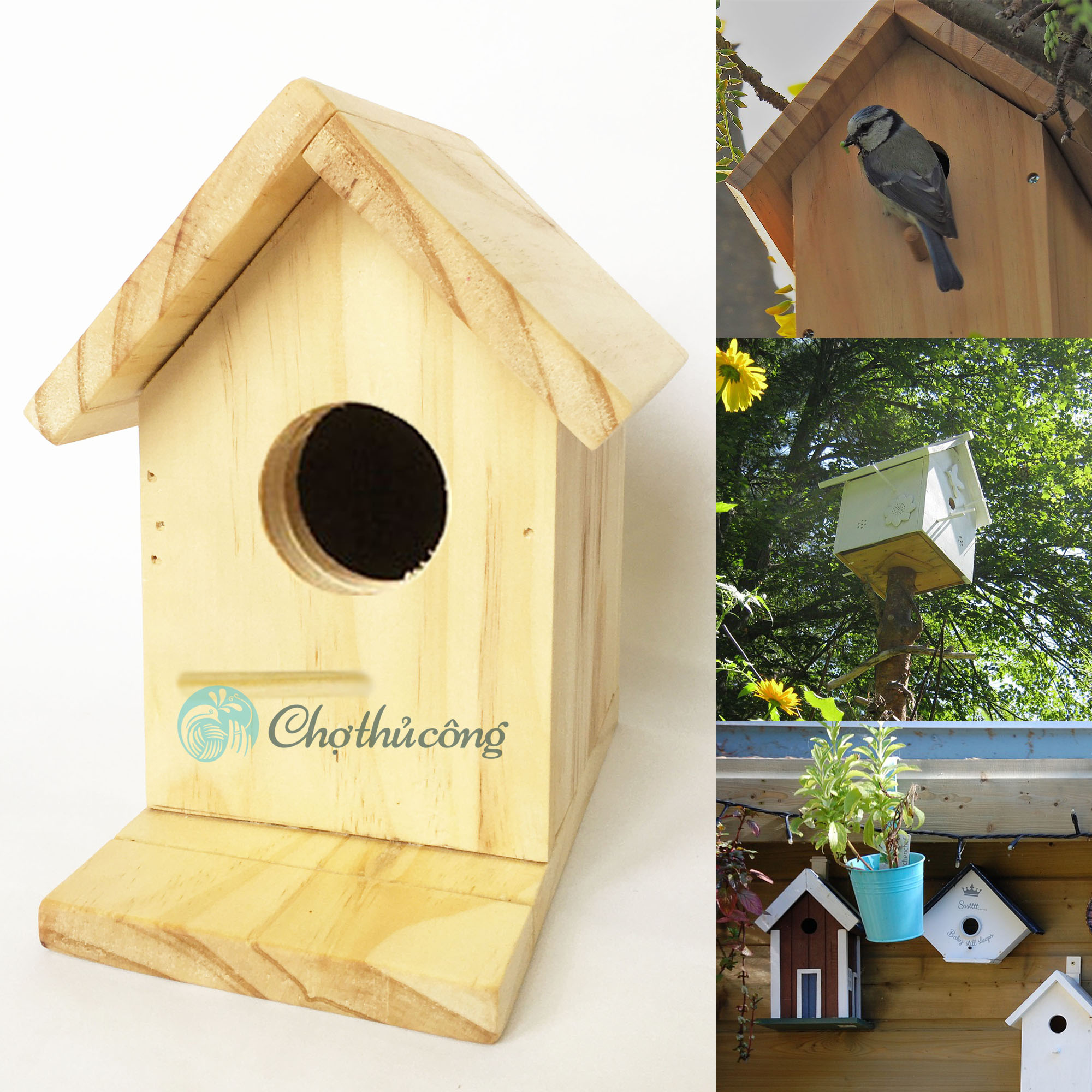 Tổ chim bằng gỗ thông (nhiều màu vintage), chuồng chim bồ câu trang trí vườn, Kệ lồng chim decor, nhà gỗ treo tường trang trí KT D18xR14xC18
