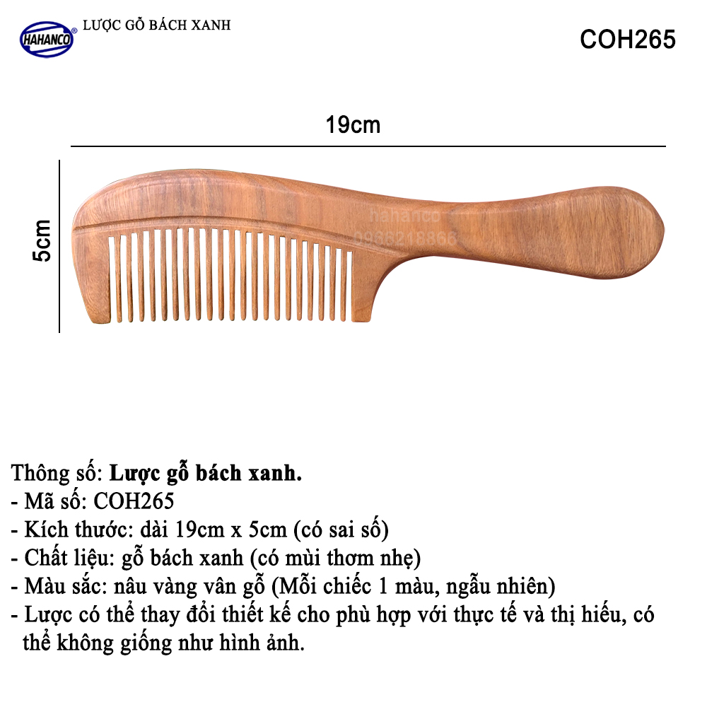 Lược gỗ Bách Xanh có mùi thơm nhẹ (Size: L - 19cm) COH265 - Chải tóc làm dịu tâm trí giảm căng thẳng - Giúp Tóc Suôn &amp; Mềm Không Làm Rụng