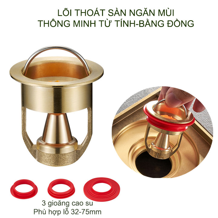 Lõi thoát sàn từ tính thông minh Cu32, vừa ngăn mùi vừa chống côn trùng, bằng đồng đúc kèm 3 gioăng cao su 32-75mm