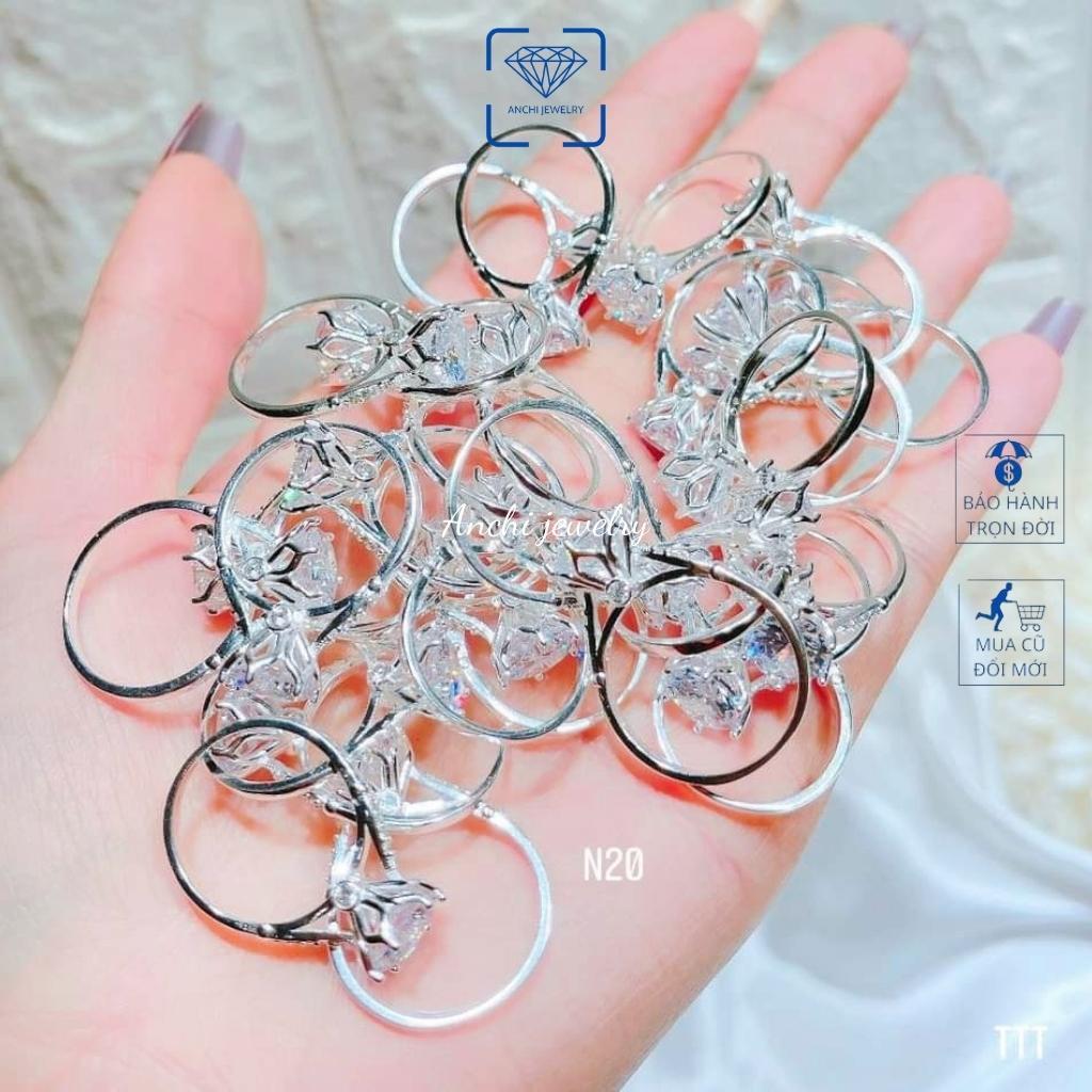 Nhẫn bạc trơn đính đá tròn nhỏ nhô cao màu trắng, nhẫn nữ bạc thật, Anchi jewelry