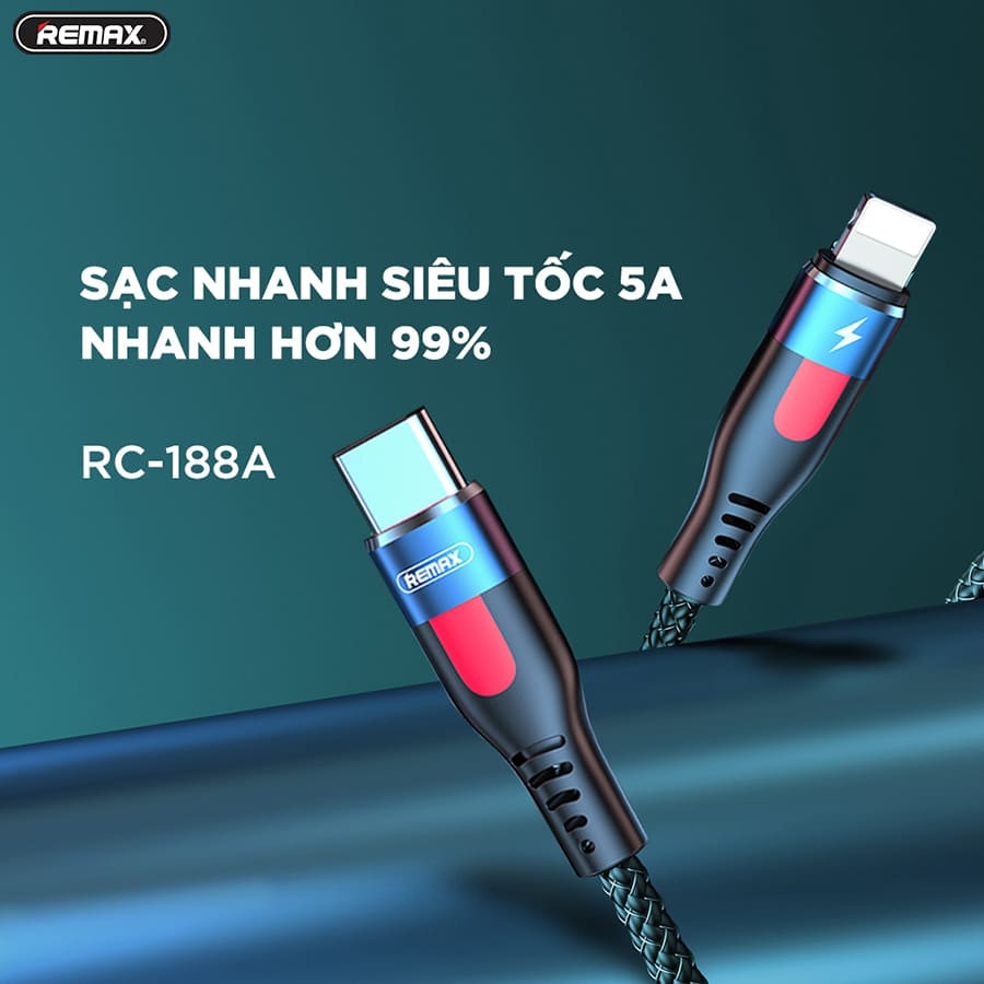 Cáp sạc siêu nhanh Type C to IP dùng cho Iphone, Ipad Remax RC-188i- Hàng nhập khẩu