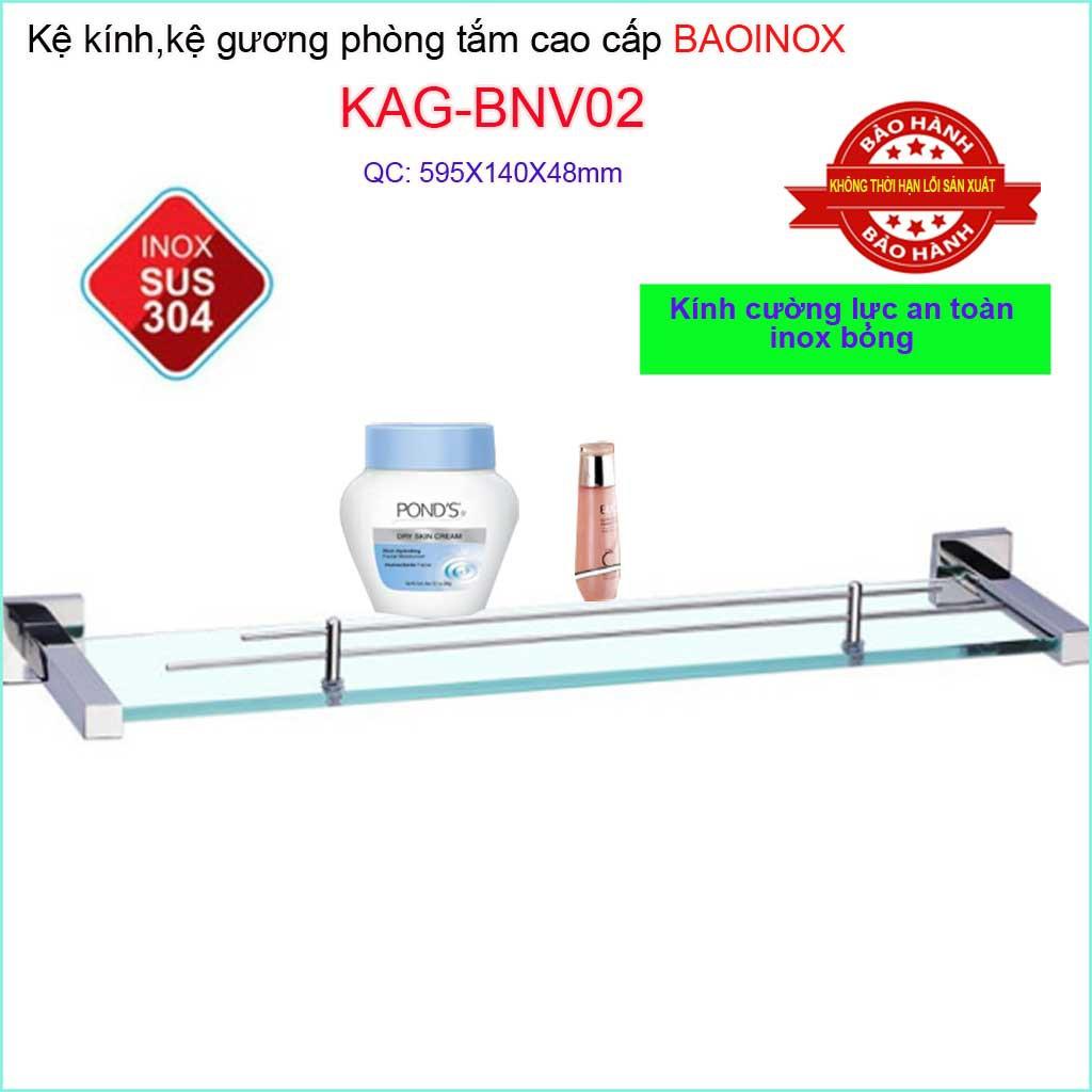 Kệ kính phòng tắm Inox Bảo KAG-BNV02, kệ kiếng cường lực 595mm pát vuông dập khuôn cao cấp thiết kế đẹp sang trọng