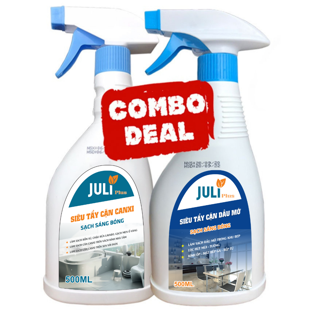 Combo Siêu tẩy cặn canxi nhà tắm JULI Plus và Siêu tẩy rửa dầu mỡ nhà bếp JULI Plus chuyên dụng, tiết kiệm, hiệu quả. Chai 500ml