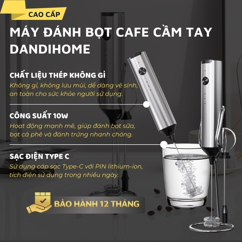 Máy đánh bọt cafe cầm tay DandiHome có giá treo, sạc điện, 10w, hàng chính hãng bảo hành 12 tháng