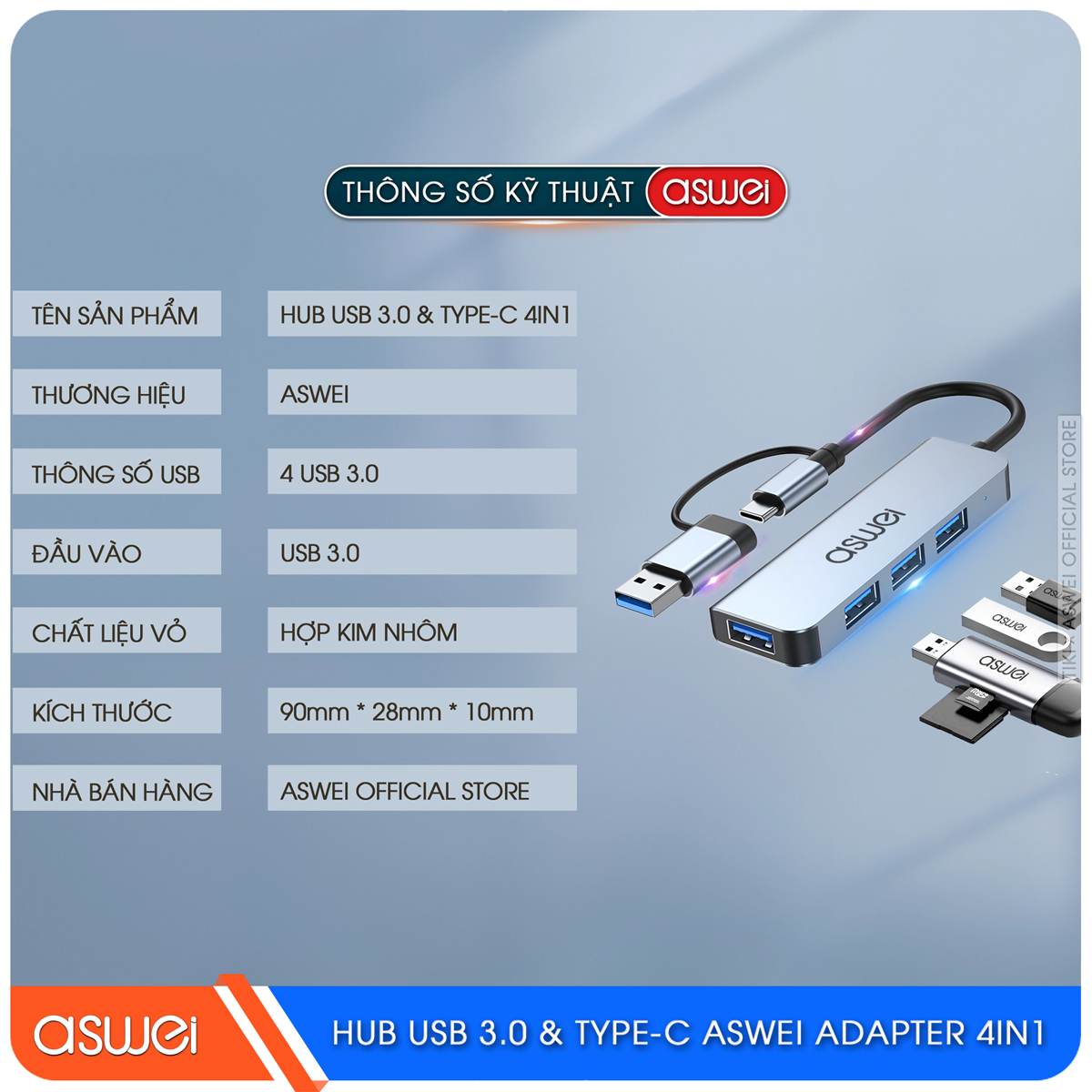 Hub USB 3.0 Và Hub Type C ASWEI 4 in 1 To 4 USB 3.0 - Hàng Chính Hãng
