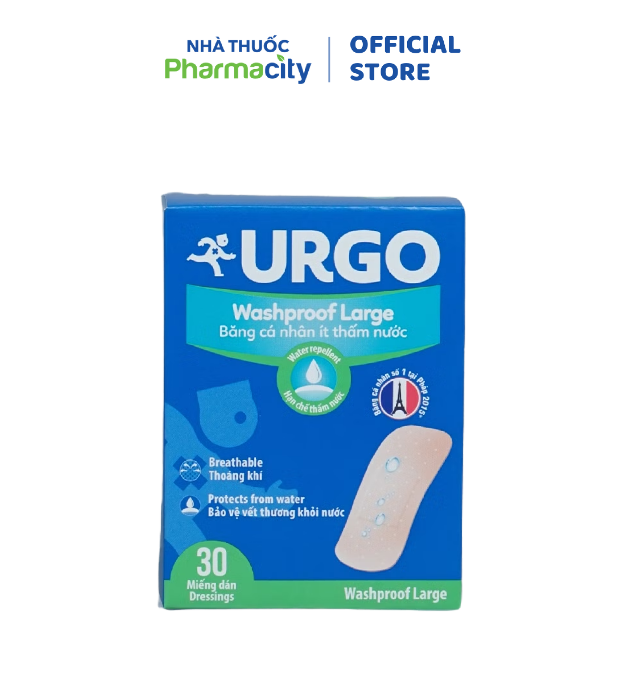 Băng cá nhân ít thấm nước URGO Washproof Large bảo vệ vết thương khỏi nước 3.8cm x 7.2cm (30 miếng)
