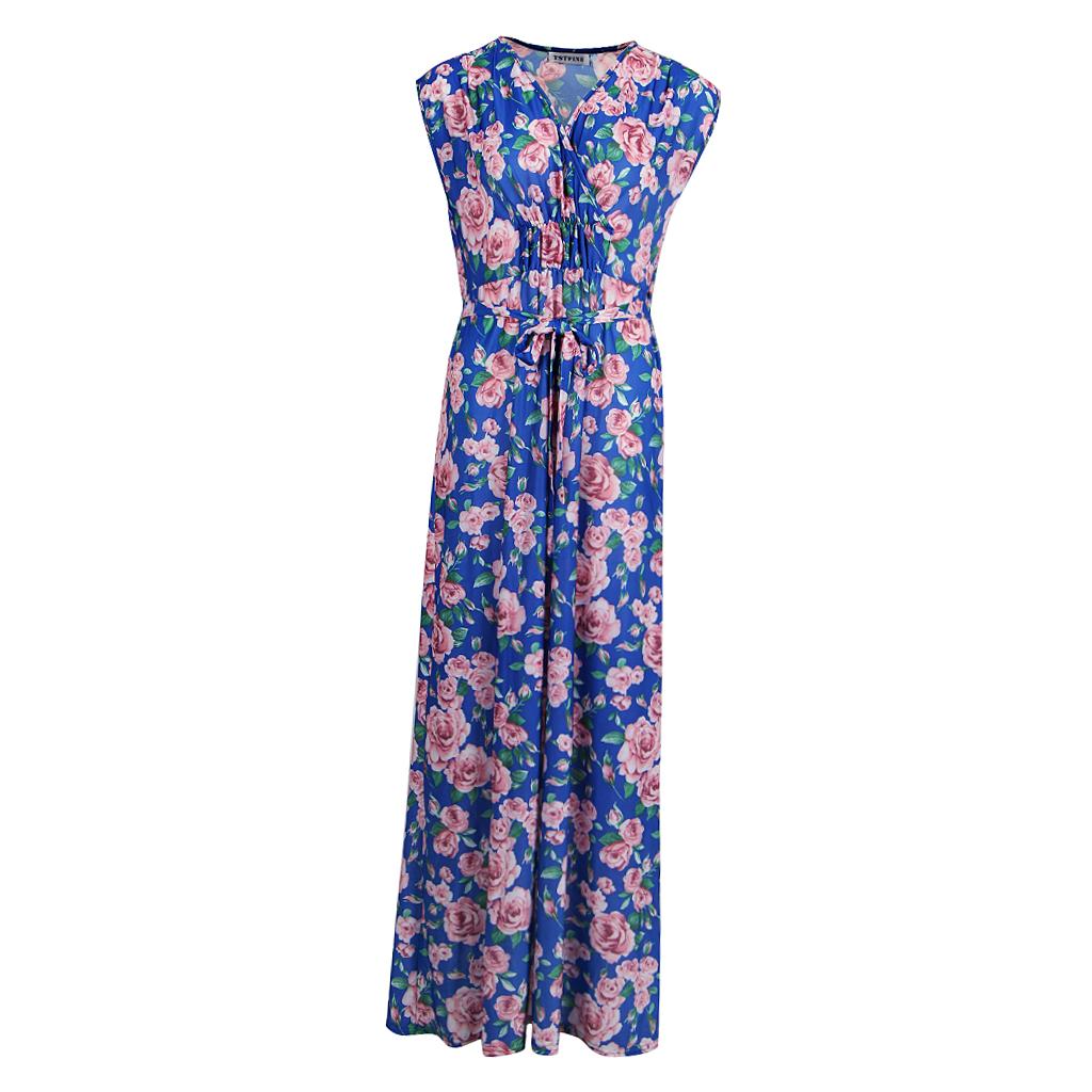 Women's V Neck Sleeveless Stretchy Wrap Waist Floral Boho Maxi Beach Party Dresses