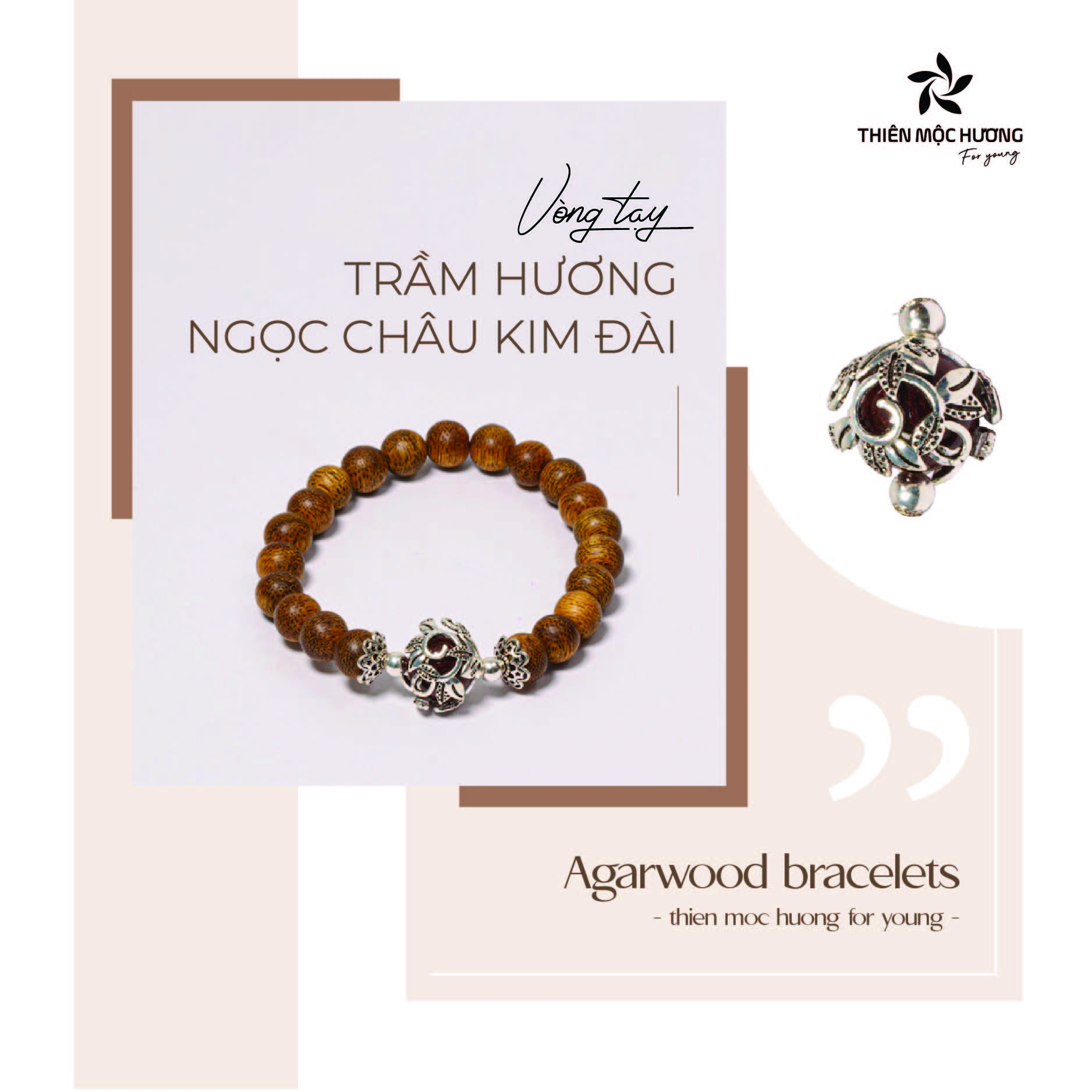 Vòng tay Trầm Hương Ngọc Châu Kim Đài - May mắn tình duyên - Charm bạc 925 và Đá Phong Thủy - Trầm Tốc Lào - Thiên Mộc Hương