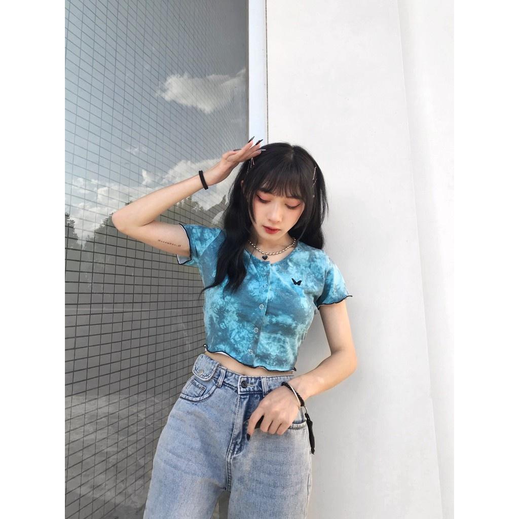 Áo Croptop Nữ Tay Ngắn Tiedye Butterfly In Loang Màu Ulzzang (Ảnh Thật