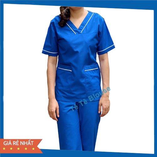 Bộ Blouse cổ tim Xanh Dương viền Trắng dành cho Nam Nữ - Bộ Scrubs đồng phục Kỹ thuật viên, Điều dưỡng, Dược sỹ, Y tá
