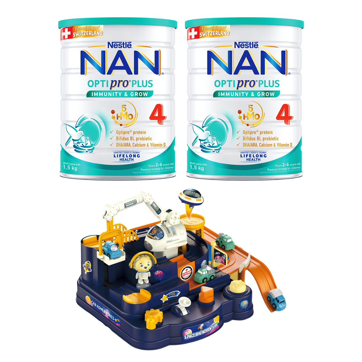 Bộ 2 lon Sữa bột Nestlé NAN OPTIPRO PLUS 4 1500g/lon với 5HMO Giúp tiêu hóa tốt + Tăng cường đề kháng dành cho bé từ 2 - 6 tuổi - Tặng Bộ đồ chơi xây dựng không gian