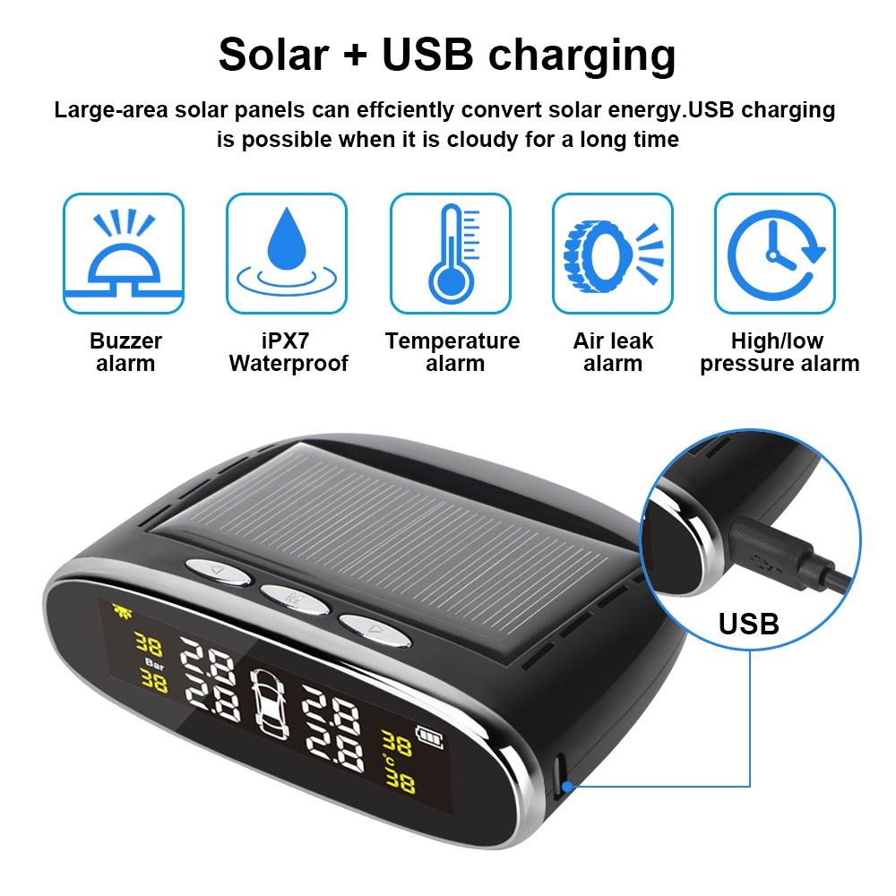 Hệ thống cảnh báo áp suất bánh xe hơi thông minh có 4 cảm biến bên trong sử dụng năng lượng mặt trời