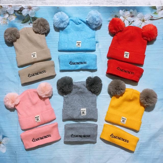 Set khăn + mũ len 2 quả bông cho bé