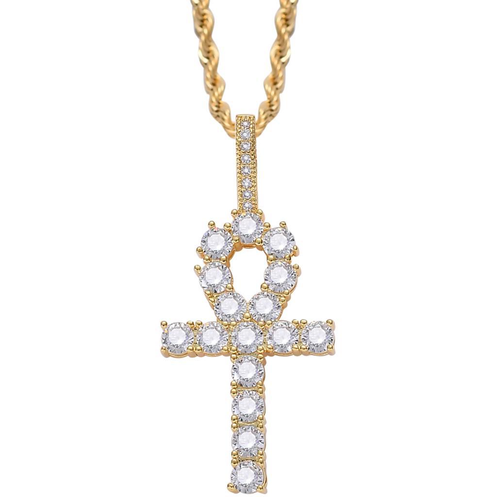 Necklace with Key Cross Pendant Zircon Jewel Accessory for Women Men Golden