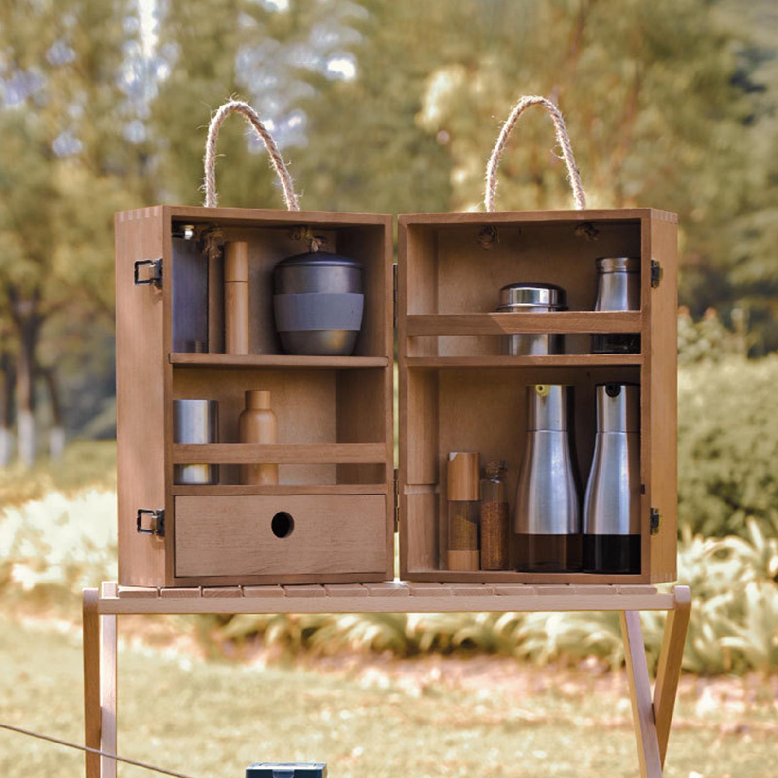 Outdoor Wood Camping Condiment Storage Box BBQ Travel Oil Bottle Spices Container Seasoning Tin Organizer Case