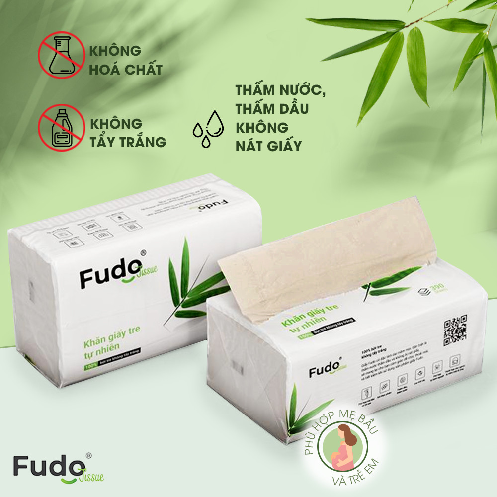 Khăn giấy khô FUDO Tissue từ tre không bụi vụn, không tẩy trắng - 1 Túi lớn - 04 gói giấy ăn 130 tờ - 03 lớp siêu thấm