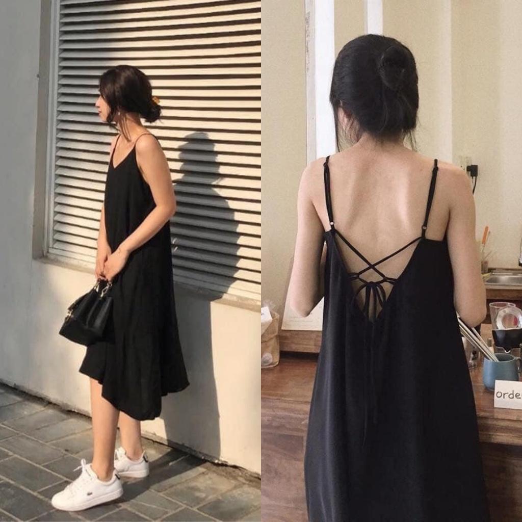 Đầm đen hở lưng đi biển, Váy 2 dây dáng suông Cao Cấp cột nơ sau vải cotton mát mẻ, quyến rũ gợi cảm - MiNhi Fashion