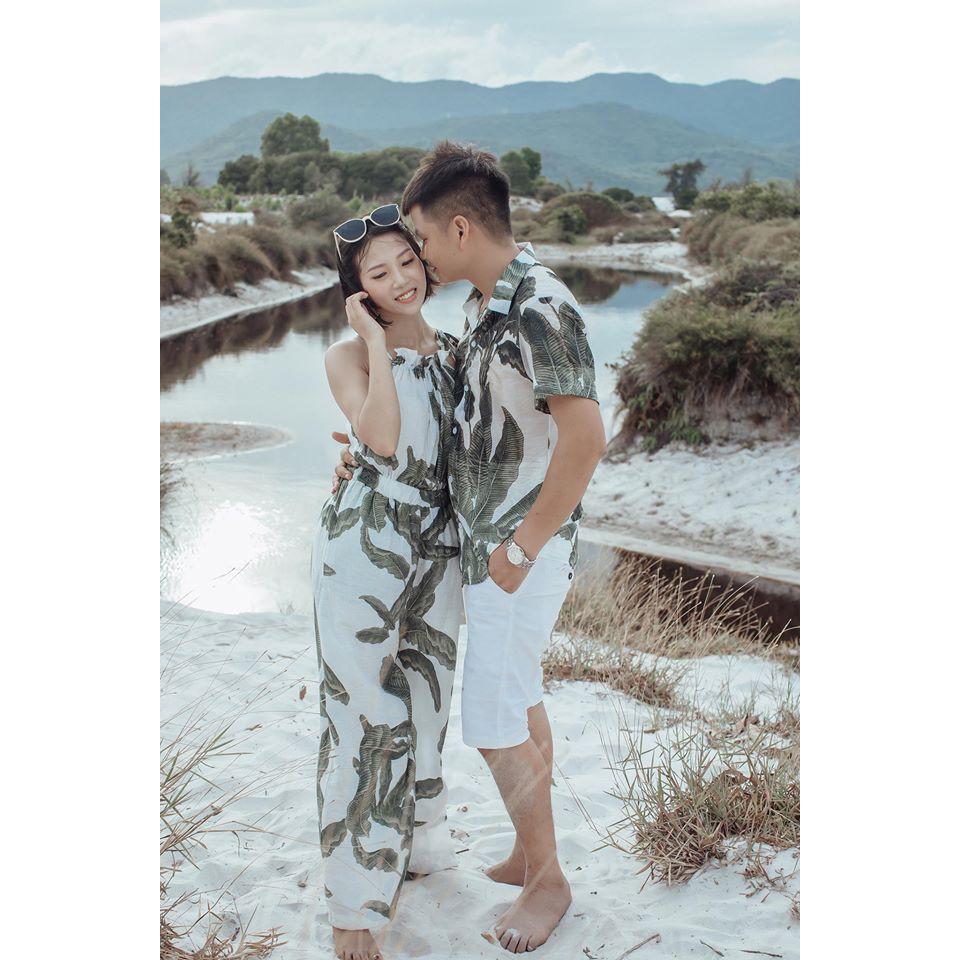 Áo cặp nam nữ ️FREESHIP️ Set Váy áo sơ mi đôi đi biển họa tiết hoa lá Sasin Couple AV09