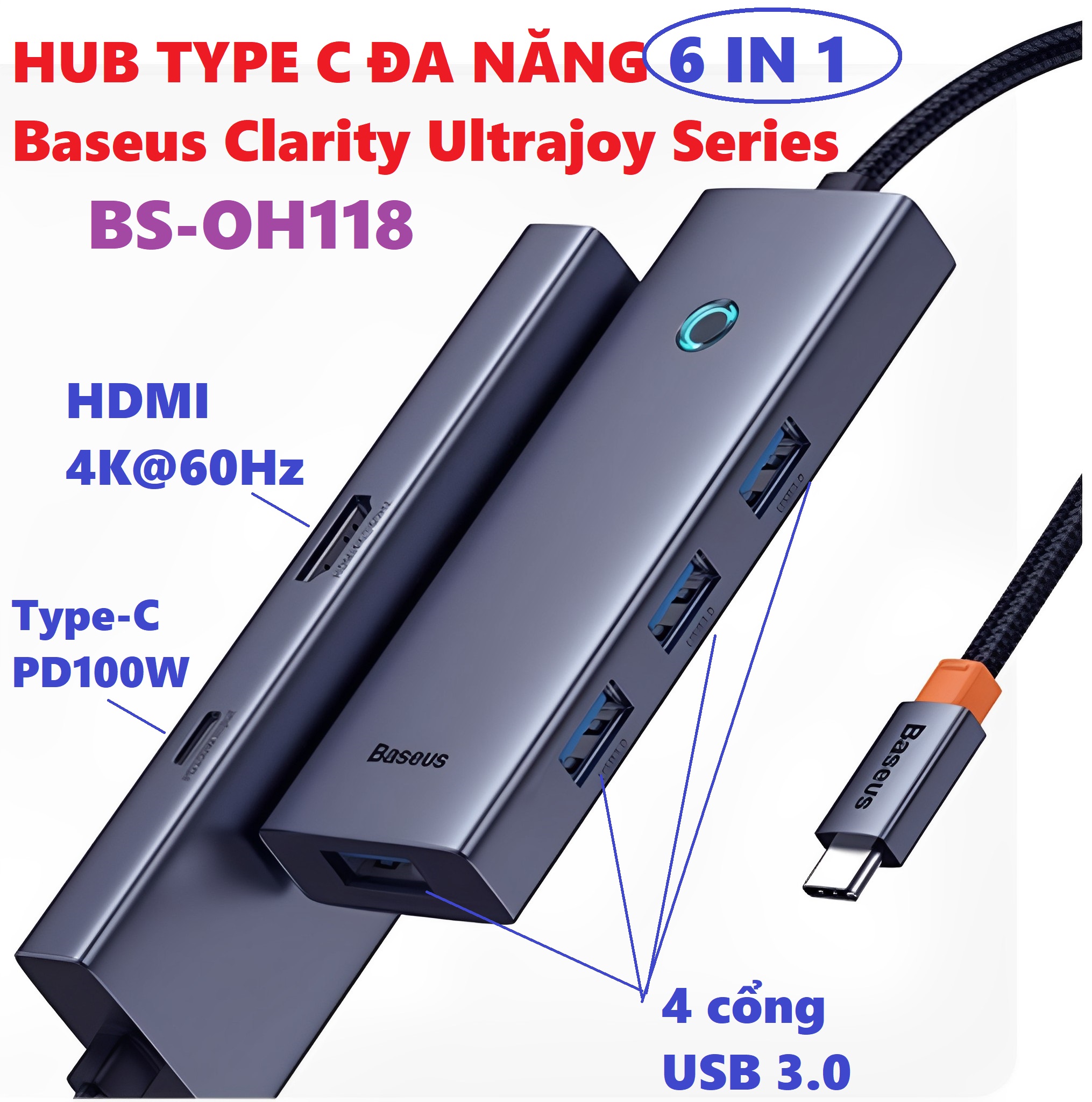 Hub đa năng mở rộng cổng p type C Macbook laptop ra 6 cổng Baseus Clarity docking station BSOH118_ Hàng chính hãng
