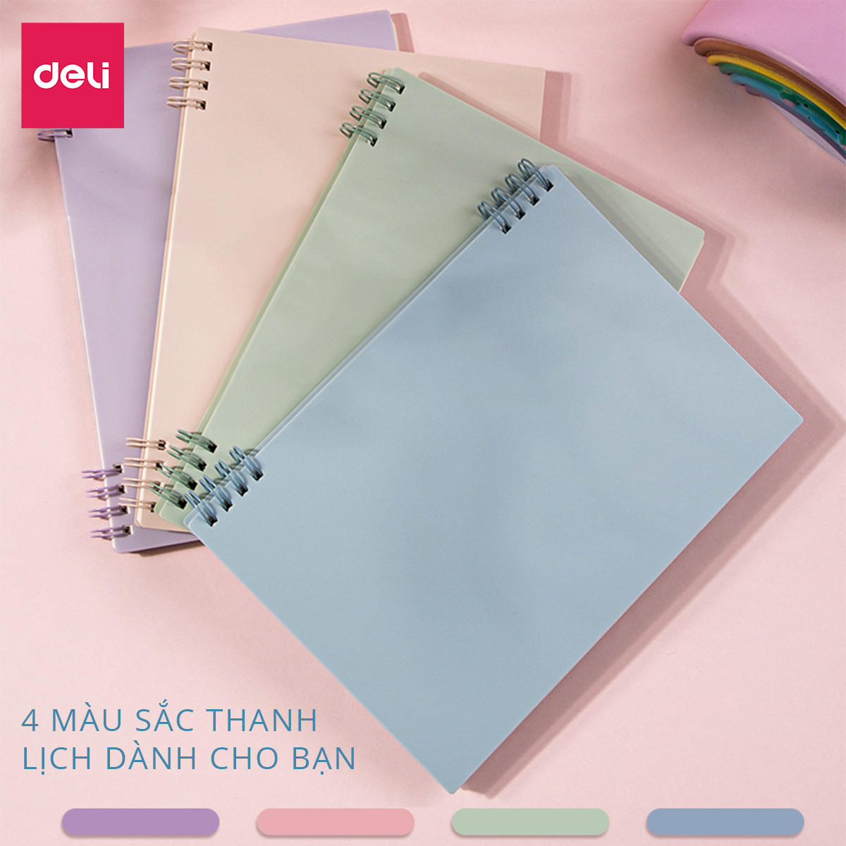 Sổ tay ghi chép lò xo màu pastel Deli - Giấy kẻ ngang 80 trang khổ A5 / B5 - Phù hợp làm sổ kế hoạch, sổ nhật kí, tập vở ghi chép - 24202 / 24203