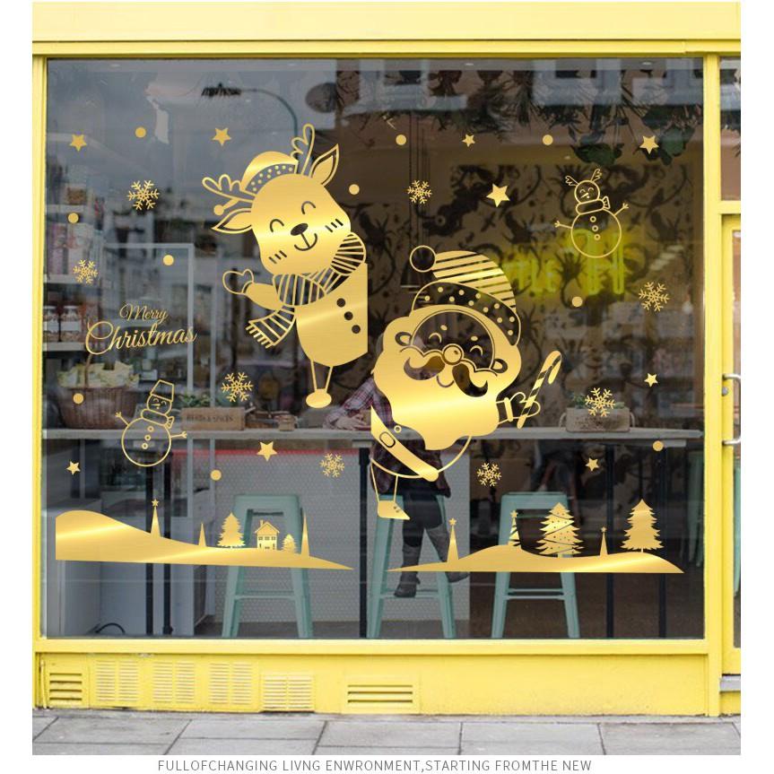 Decal trang trí tường Noel - Ông già noel tuần lộc nhí chào lễ ánh vàng cao cấp