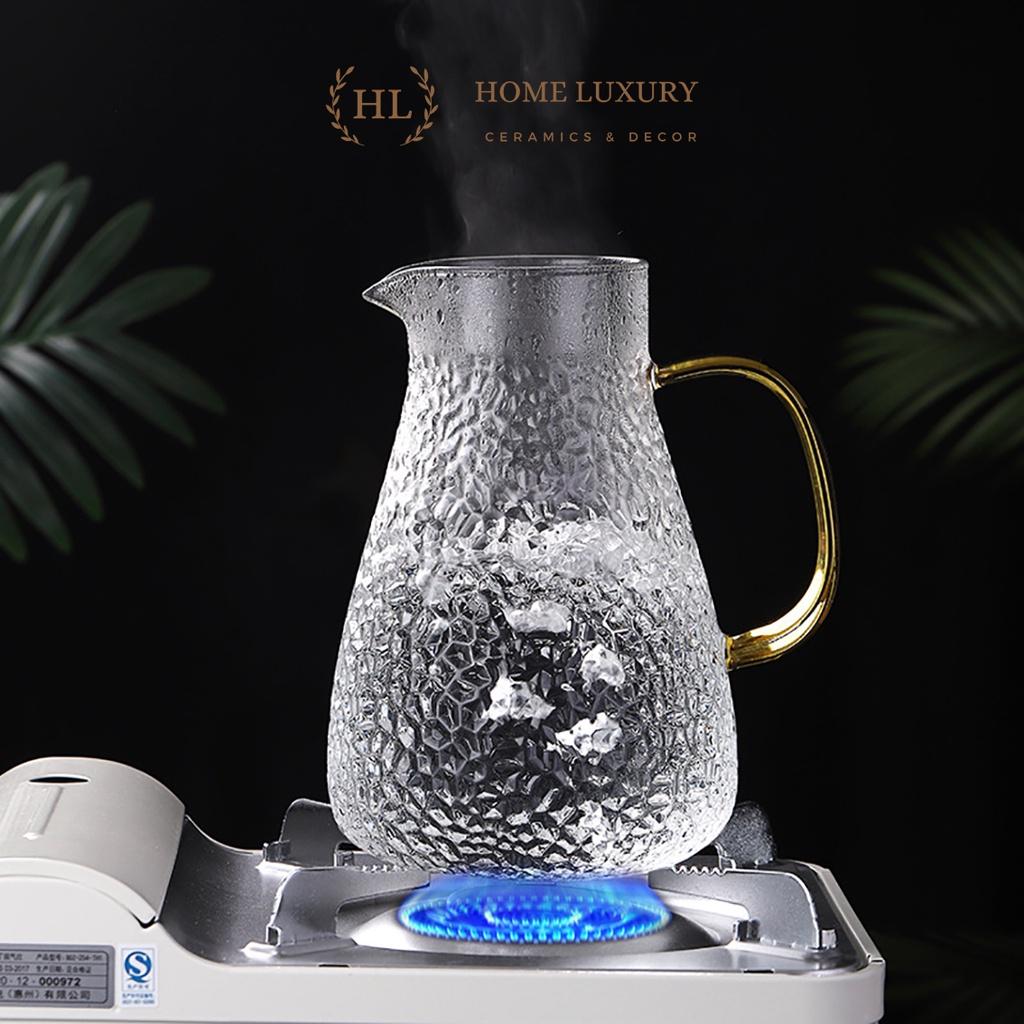 Bình thuỷ tinh chịu nhiệt sần quai vàng | Bộ bình cốc thủy tinh sần Borosilicate chịu nhiệt, chịu lực cao cấp 1.6L 1.8L