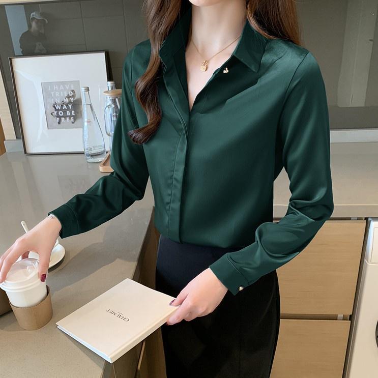 Áo Sơ Mi Nữ Công Sở Màu Xanh Lá Cổ Đức CHIPY Kiểu Hàn Quốc Vintage Ulzzang Form Rộng Dài Tay Đẹp Chất Lụa Cao Cấp A2X