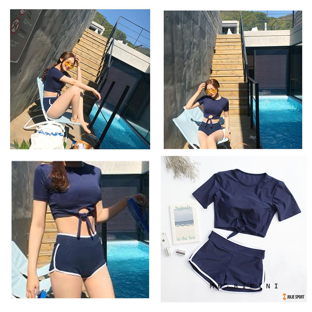 Bikini đồ bơi nữ croptop 2 mảnh quần đùi tặng kèm mút lót ngực phong cách Hàn ông tay lỡ thun lạnh co dãn 4 chiều QP037