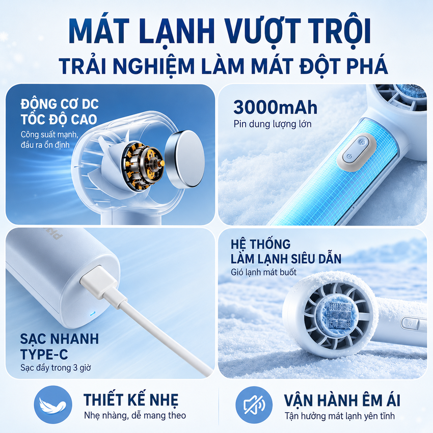 Quạt mini cầm tay USB 5 cấp độ gió, pin 3000mAh thương hiệu Hà Lan cao cấp Philips ACR2124PPF ACR2124MPF serial 2000 - Hàng nhập khẩu