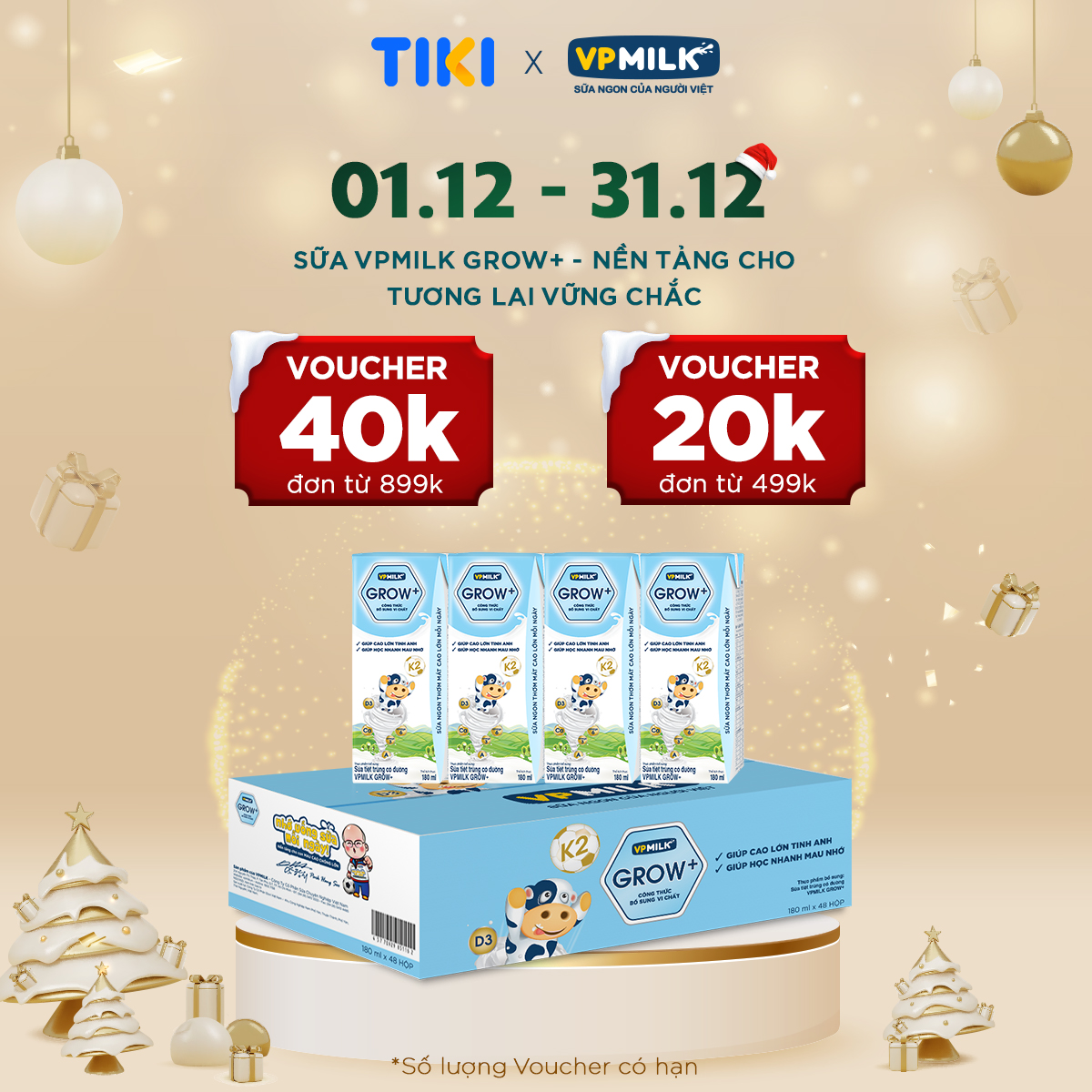 Sữa Tiệt Trùng Có Đường VPMilk Grow+ Hộp 180ml (Thùng 48 Hộp)