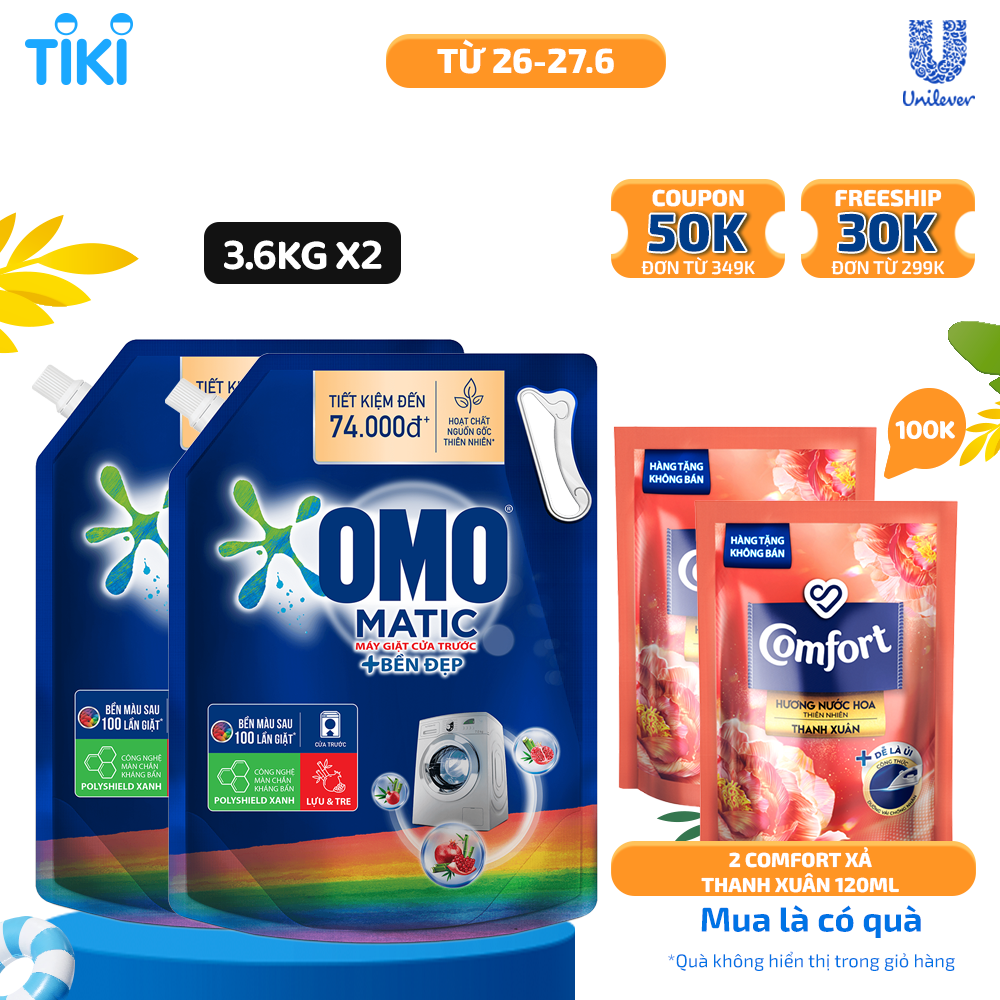 Combo 2 TúI Nước Giặt Omo Matic Cho Máy Giặt Cửa Trước Bền Đẹp Bền Màu Sau 100 Lần Giặt 3.6Kg + 2 Nước Xả Comfort 120ml Ngẫu Nhiên