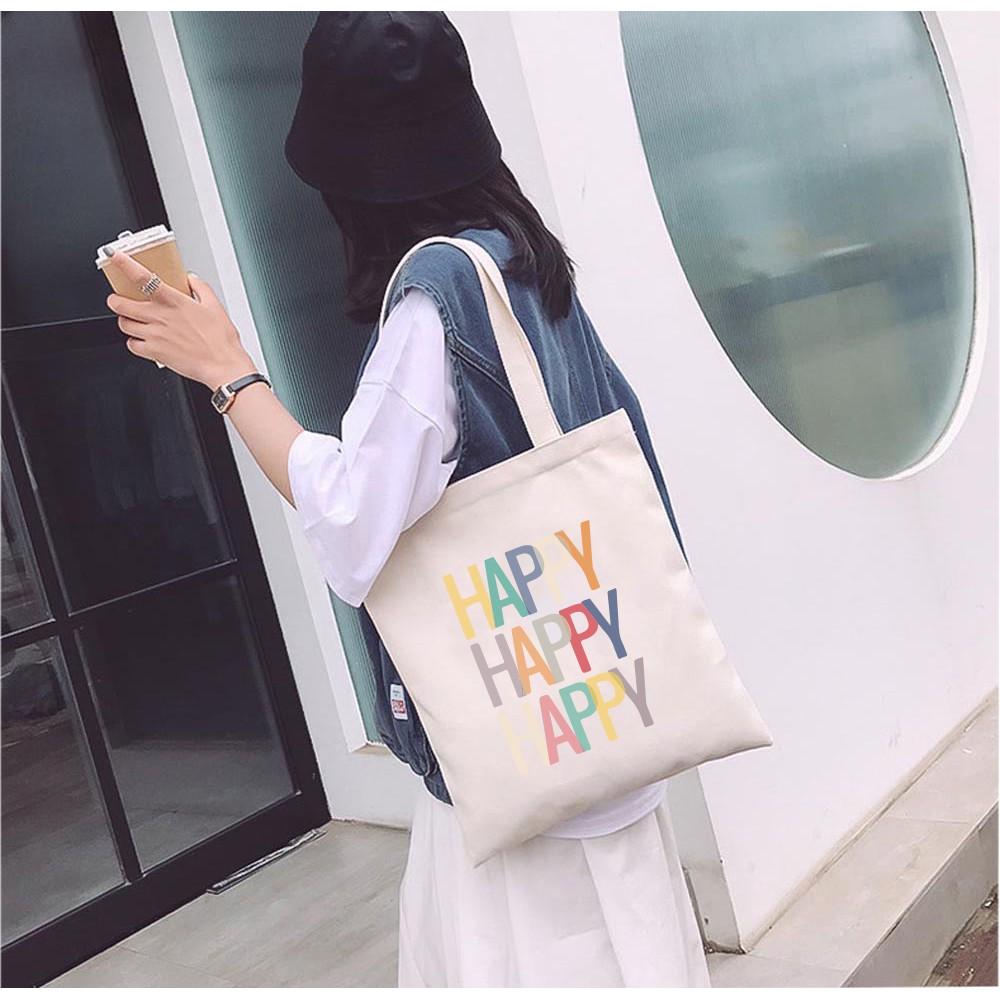 Túi Tote Vải Mộc Ginko kiểu basic có dây kéo khóa miệng túi đựng vừa laptop 14 inch và nhiều đồ dùng khác In Hình HAPPY HAPPY Retro Style M25