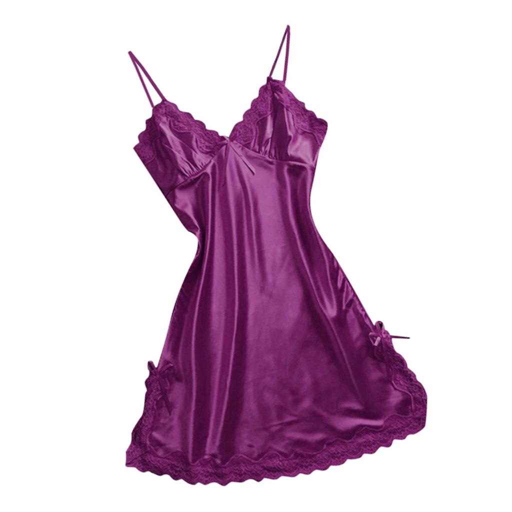 Womens Sexy Lingerie Sleepwear Satin Bowknot Lace Babydoll Cami Dress