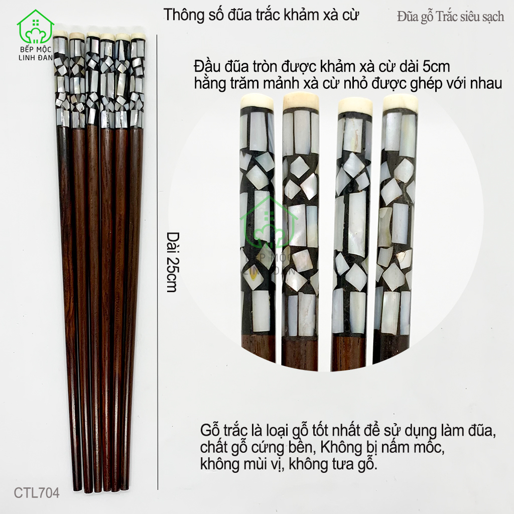 (5 Đôi) Đũa Trắc Tự Nhiên Siêu Sạch Cẩn Xà Cừ - Hoa Văn Sáng Đẹp [CTL704-5]