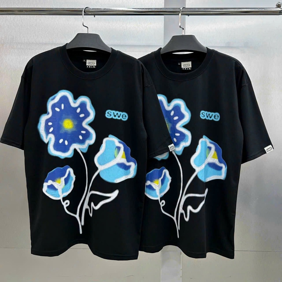Áo Thun Unisex Tay Lỡ In Bông Hoa - Nam Nữ Couple - Áo Phông Chất Cotton Dày Mịn