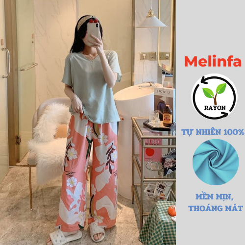 Bộ đồ ngủ nữ, bộ mặc nhà cộc tay quần dài xuông rộng mát lạnh chất vải rayon tự nhiên thoáng mát nhiều màu mã BD0262