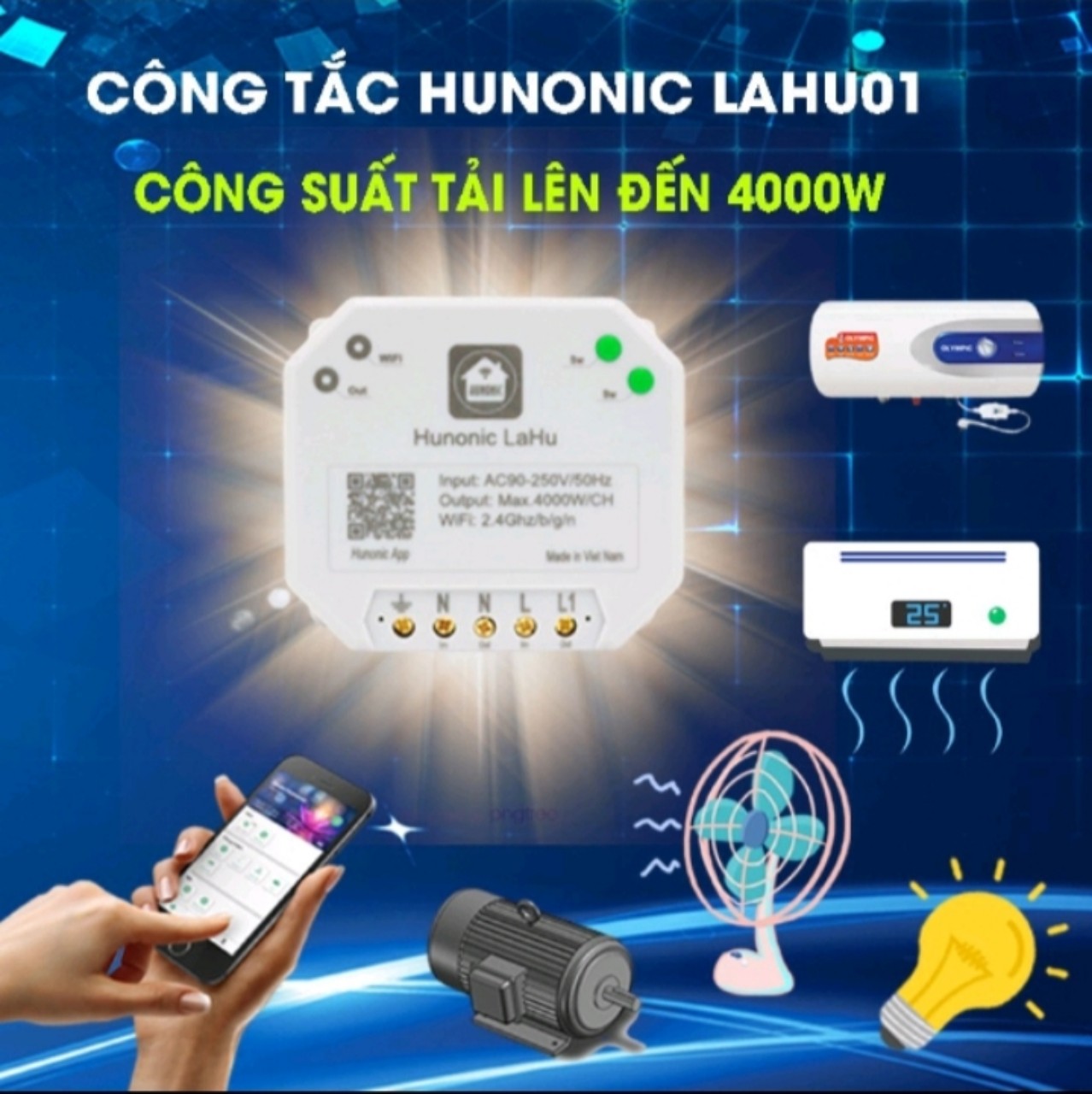 Công tắc điều khiển công suất lớn từ xa bằng điện thoại Hunonic Lahu 1 kênh 4000w/220V