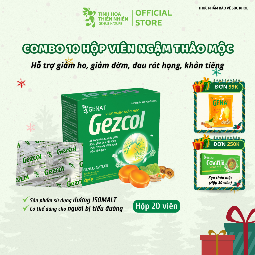 Combo 10 viên ngậm ho thảo mộc Gezcol Hỗ trợ giảm đau rát họng, khản tiếng do viêm họng, viêm phế quản - Genat