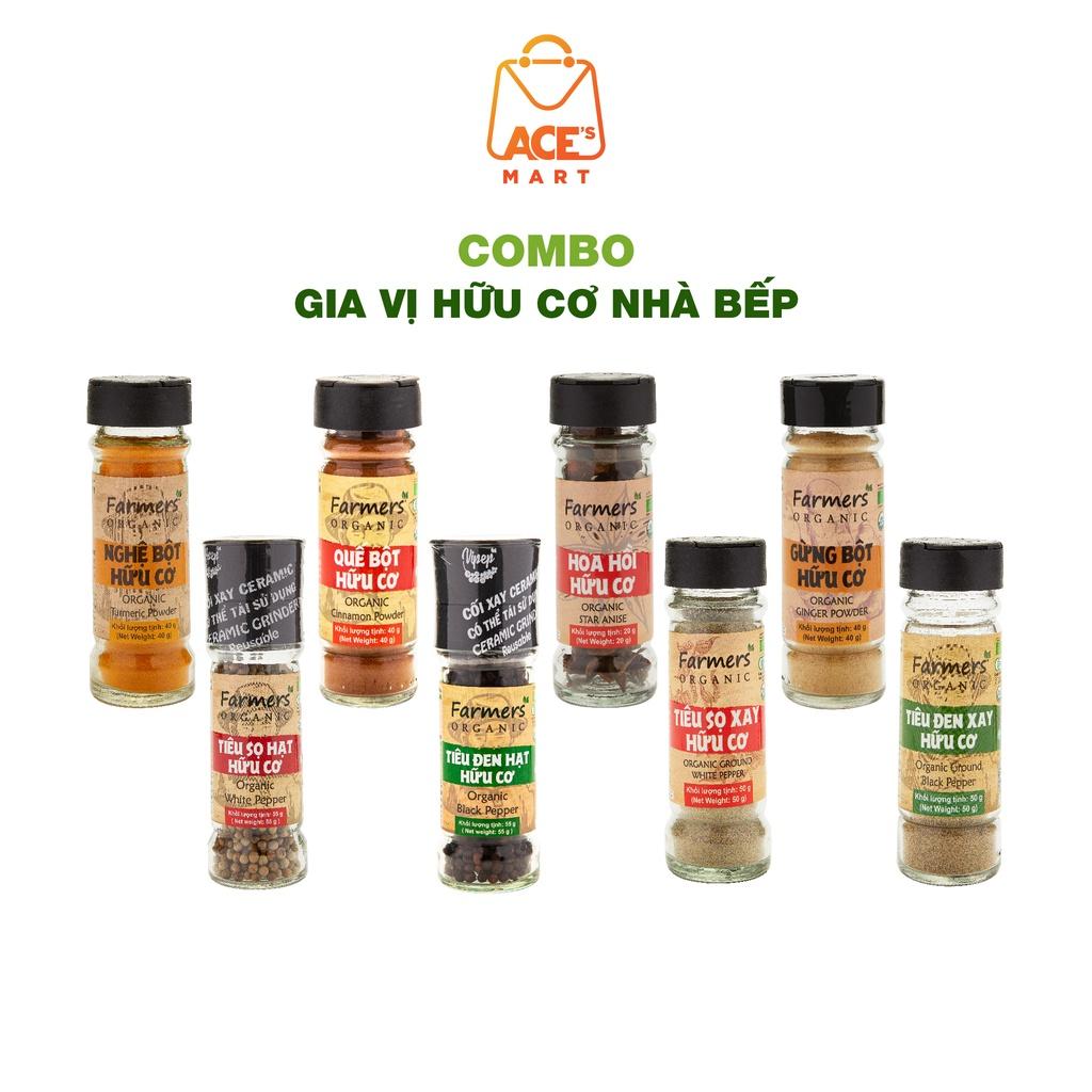 Bộ Sản Phẩm Gia vị Hữu Cơ FARMERS' ORGANIC - Quế bột - Nghệ bột - Gừng bột - Hoa hồi - Tiêu đen - Tiêu Sọ