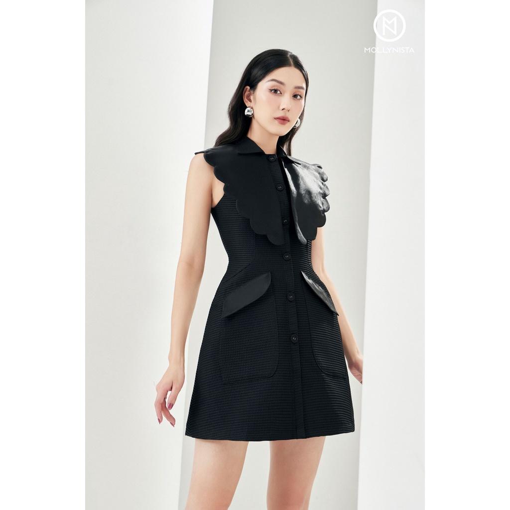 MOLLYNISTA - Đầm Maria phối lá cổ tròn organza von tơ tiểu thư nữ tính thiết kế cao cấp đi chơi đi tiệc công sở