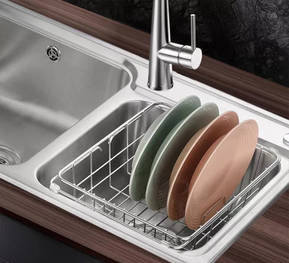 Rổ inox 304 treo bồn rửa chén-kiểu căng đơn phương