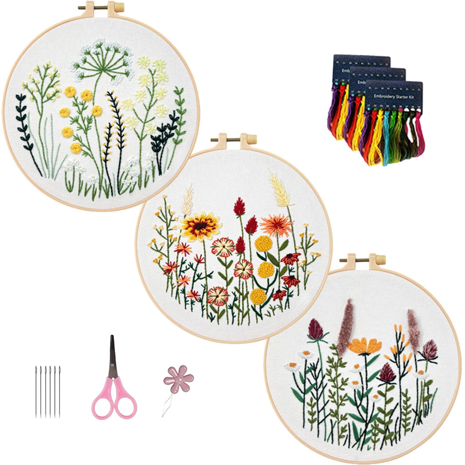 3Pcs Embroidery Set Cross Stitch Handmade Sewing Accessories Starter Tools Plants Pattern for Adults Handcraft Enthusiast