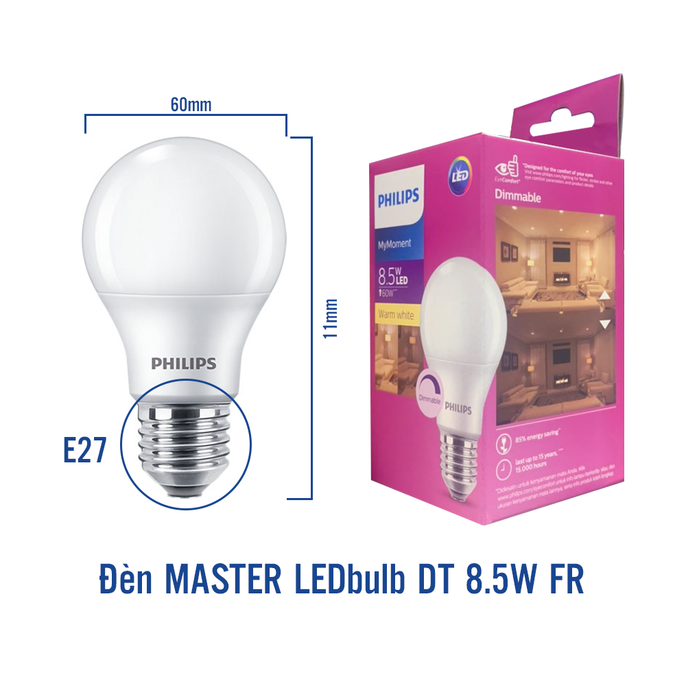 Bóng Philips Ledbulb 8.5-60W E27 A60 FR DIM - Màu ánh sáng ( vàng 2700K)