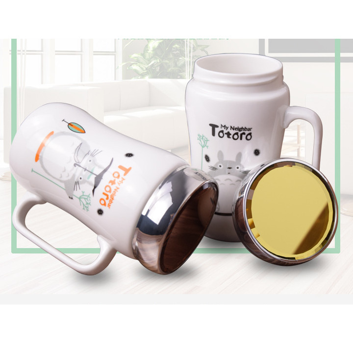 Ly sứ giữ nhiệt có nắp gương, cốc in hình totoro dễ thương dung tích 450ml mã CS05 - giao họa tiết ngẫu nhiên