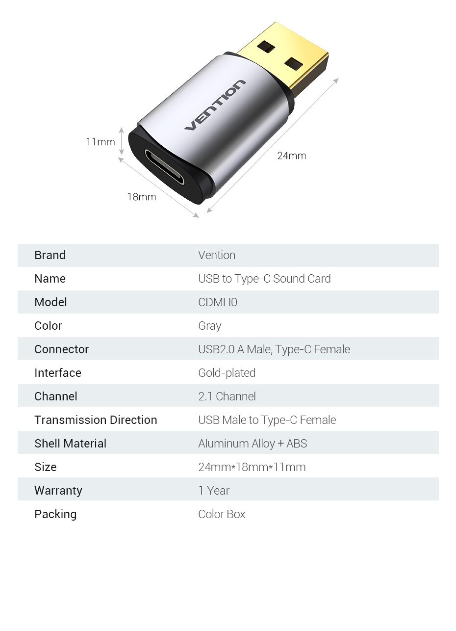 Đầu chuyển đổi USB 2.0 sang Type-c Vention hỗ trợ mic - Hàng chính hãng