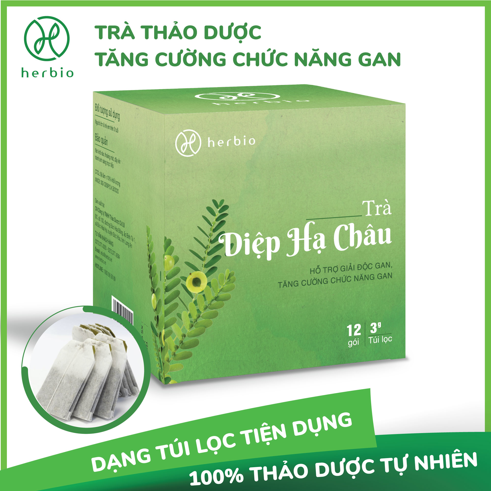 Trà Thảo Mộc Diệp Hạ Châu Túi Lọc (Cây Chó Đẻ) Giải Độc Gan Herbio- Tăng cường chức năng gan, giảm mỡ máu, thanh lọc cơ thể (12 Túi lọc/3gram)