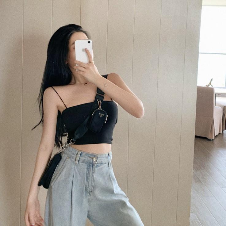 Áo thể thao bra hai dây sợi bún croptop màu đen CRA019